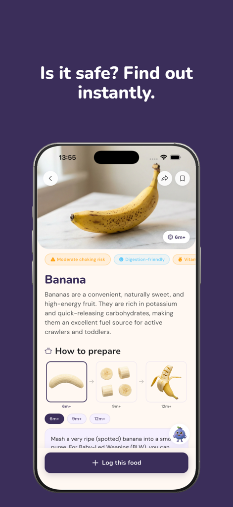 Nica: Baby Food & Meal Planner - Nica app screen showing banana safety information and preparation guides for babies.