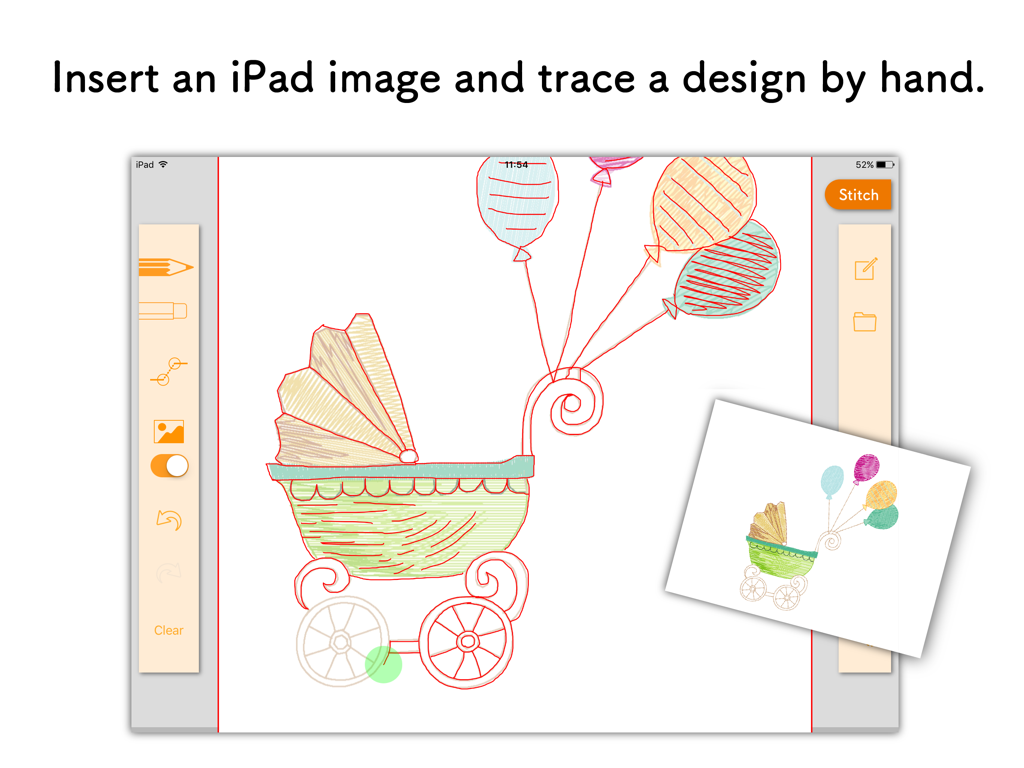 AcuSketch - Tracing a hand-drawn baby stroller in the Janome AcuSketch app on iPad