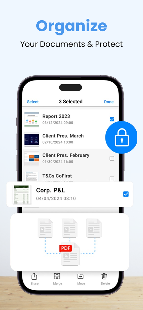 PDFファイルをマージおよび保護するオプションを備えた、ドキュメント整理および保護機能を示すモバイルアプリのインターフェース。