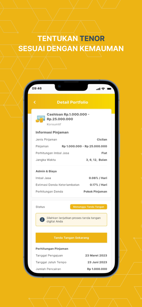 A mobile phone displaying the KlikUMKM app's loan portfolio details screen with terms and a digital signature button