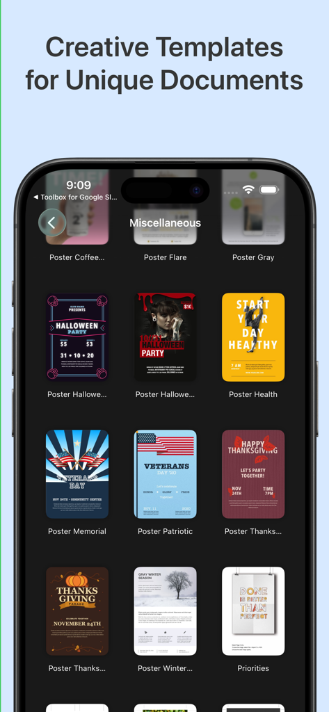 Una galería de plantillas creativas de pósteres y documentos para Google Docs