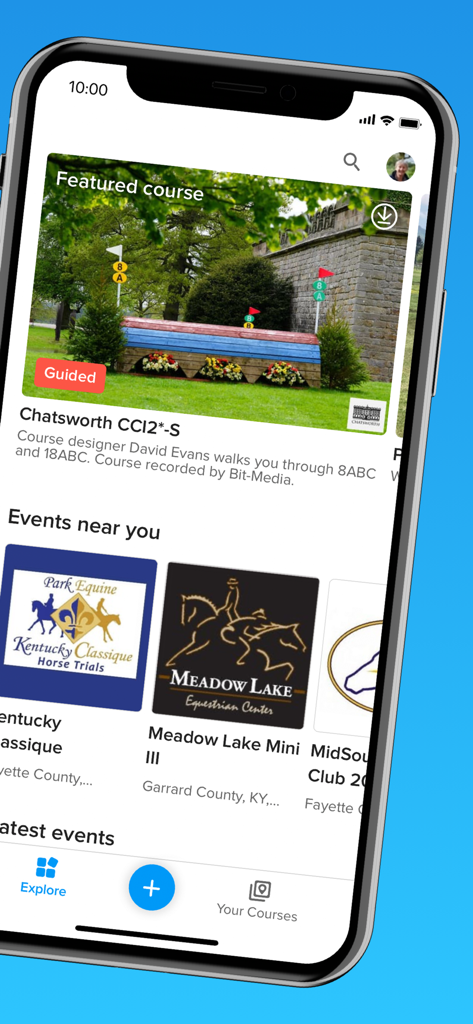The Explore screen of the CrossCountry 2 app featuring equestrian eventing courses and nearby competitions.