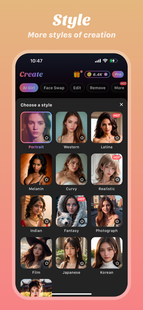 Midoll-Create&Chat AI girl - Interface of Midoll app showing a grid of diverse AI girl styles including Portrait Western Latina and Realistic