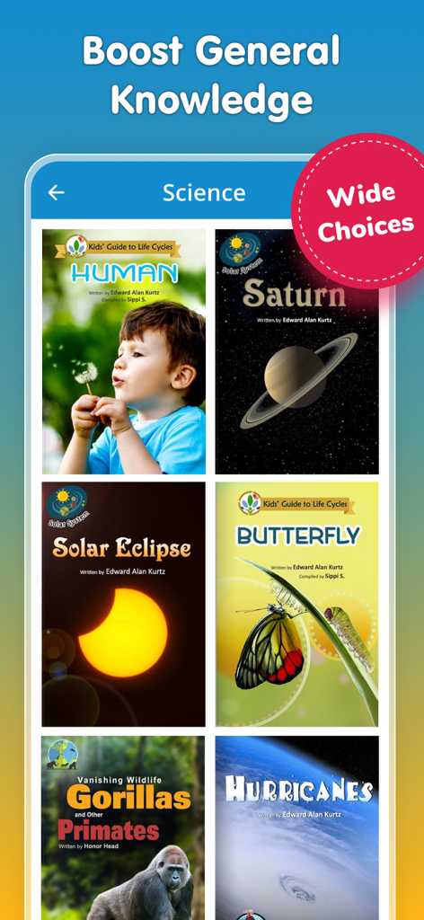 Read-Along: Books For Kids App - Una pantalla de biblioteca digital que muestra varios libros de ciencia y no ficción para niños en la aplicación Read-Along