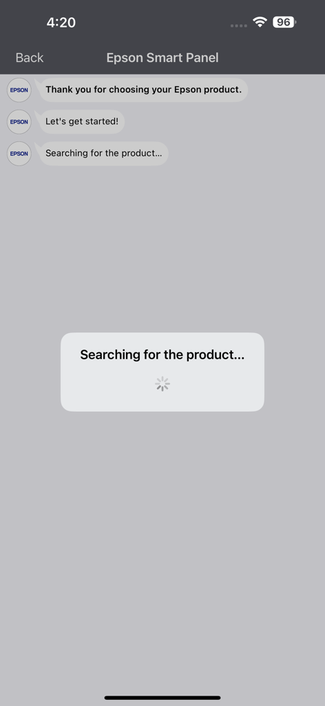 Epson Smart Panel app setup screen searching for a wireless printer or scanner