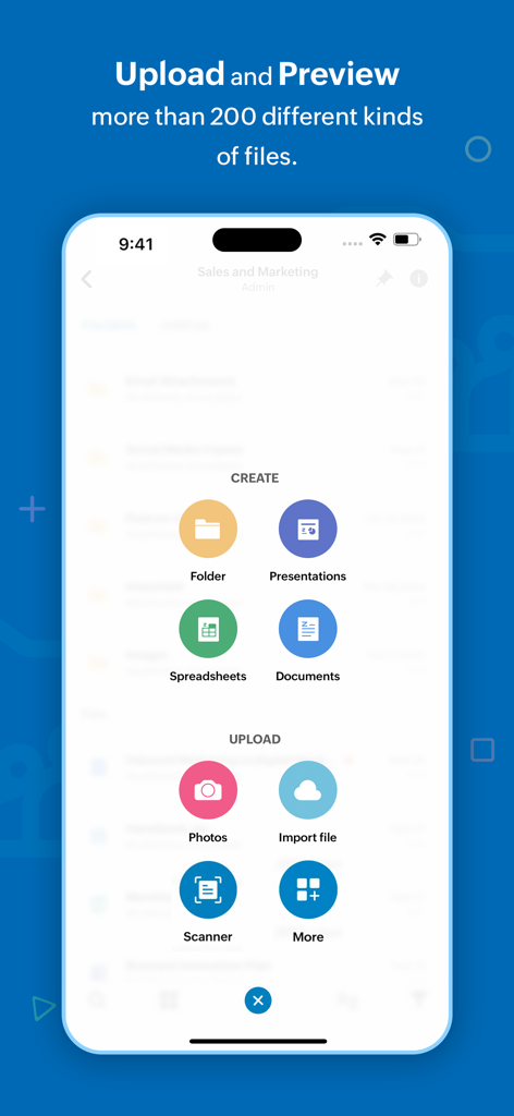 Zoho WorkDrive app interface showing options to create folders and upload documents or spreadsheets.