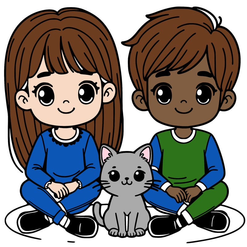 a girl and a boy with a cat sitting between them