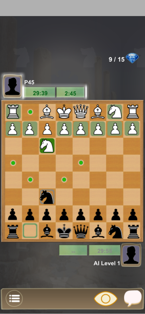 Chess Online (International) - Interfaz de un tablero de ajedrez de madera clásico que muestra una partida en curso en la aplicación móvil Ajedrez Online Internacional