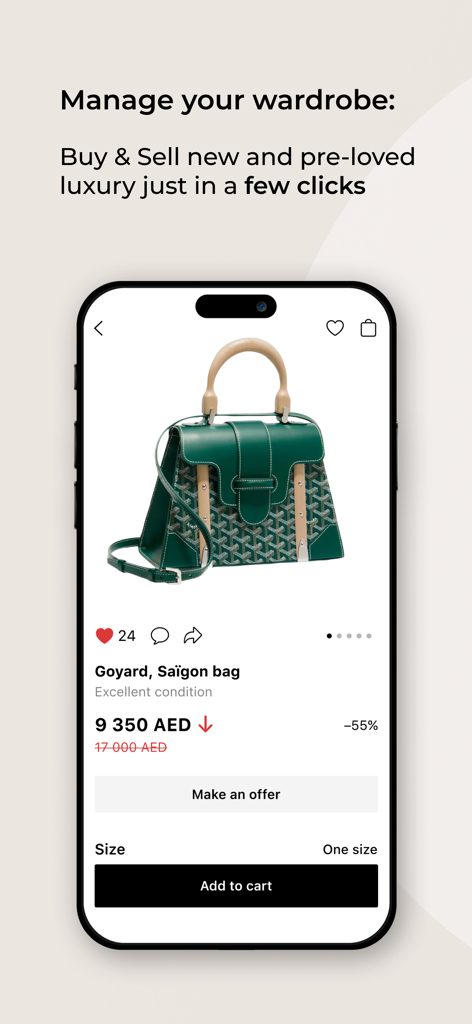 OSKELLY: Your Luxury Shopping - Interfaz de la aplicación móvil OSKELLY que muestra un bolso de lujo pre-amado Goyard a la venta