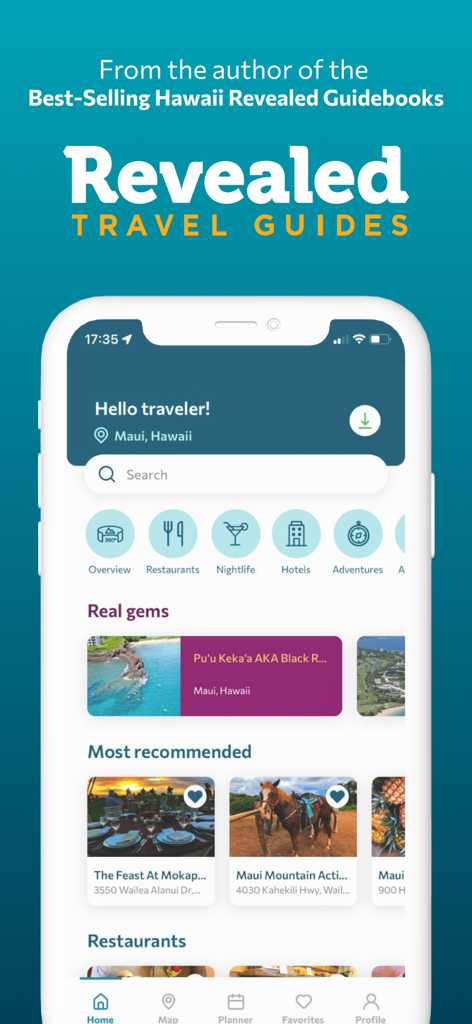 Revealed Travel Guides mobile app home screen for Maui Hawaii with travel categories and recommendations