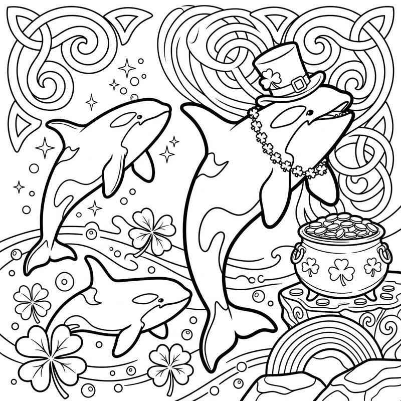 Celebrate St. Patrick's Day with an oceanic twist on this delightful coloring page featuring playful orcas. Adorned with shamrocks and a pot of gold, it’s a unique way to dive into the festive spirit.