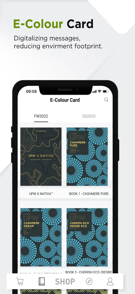 UPW - Interface de l'application UPW montrant des catalogues numériques de cartes de couleurs électroniques pour les collections de fils durables