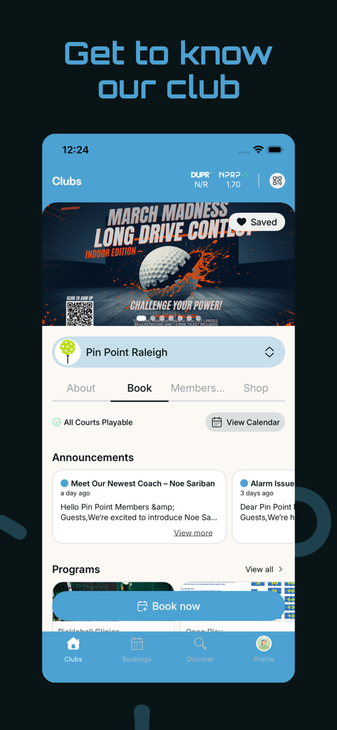 Tela do aplicativo móvel Pin Point Inc mostrando a interface de reserva e anúncios para o clube Pin Point Raleigh