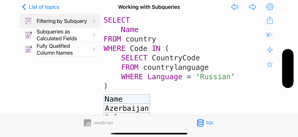 Interface of the JavaScript and SQL app displaying a SQL subquery code recipe.