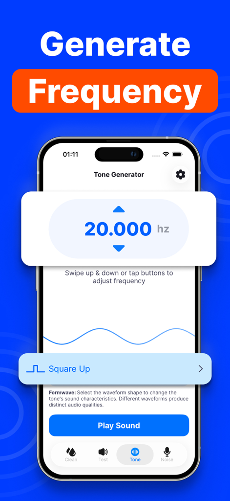 Clear Wave・Water Eject - Clear Wave app interface for generating sound frequencies with a tone generator tool.