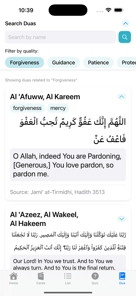 The Divine Names - Interface of The Divine Names app showing Islamic prayers and Duas filtered by the category of forgiveness