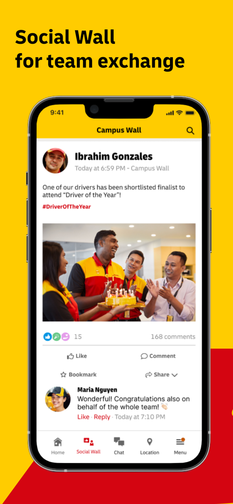 Smart Connect app social wall interface showing a team celebration post for Driver of the Year