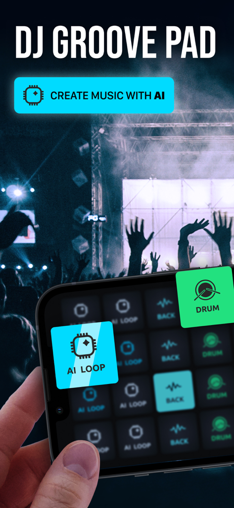Smartphone app interface for creating music with AI loops and drum pads