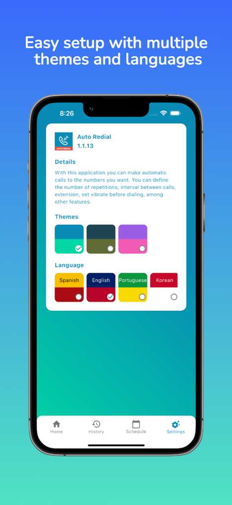 Auto Redial App - Auto Redial App interface showing customization settings for themes and languages.