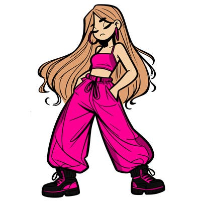 girl in baggy pants crop top and long hair