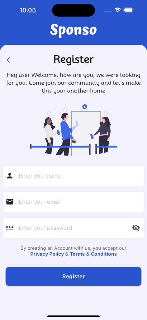 Sponso® - Creator Sponsorships - Registration screen for the Sponso creator app featuring name email and password input fields