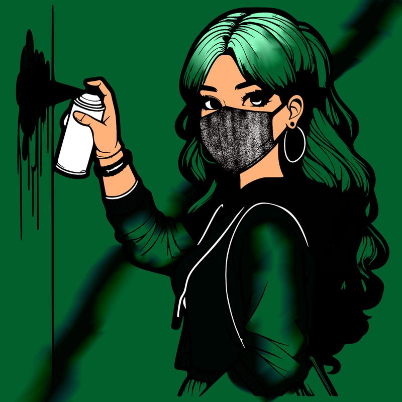 realistic girl with mask spray painting a wall