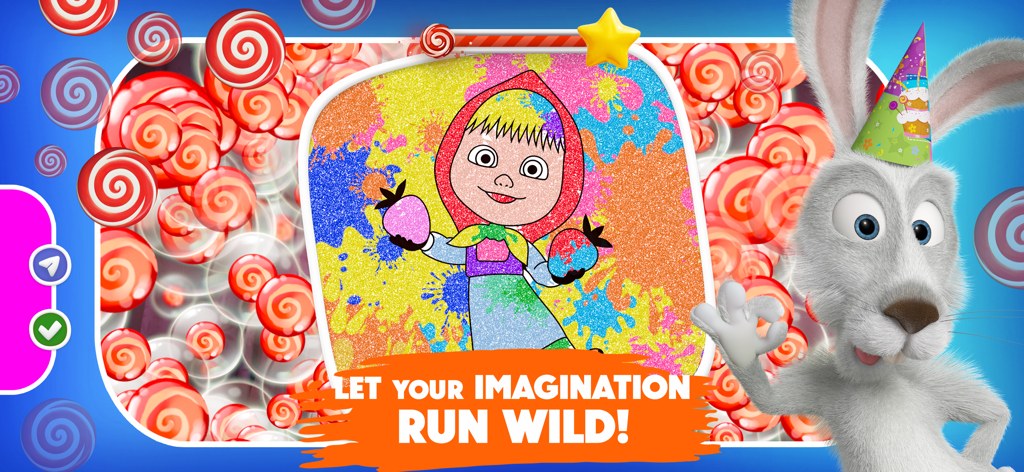 Masha and the Bear POP IT Fun - Masha from Masha and the Bear in a colorful glitter coloring activity with a bunny