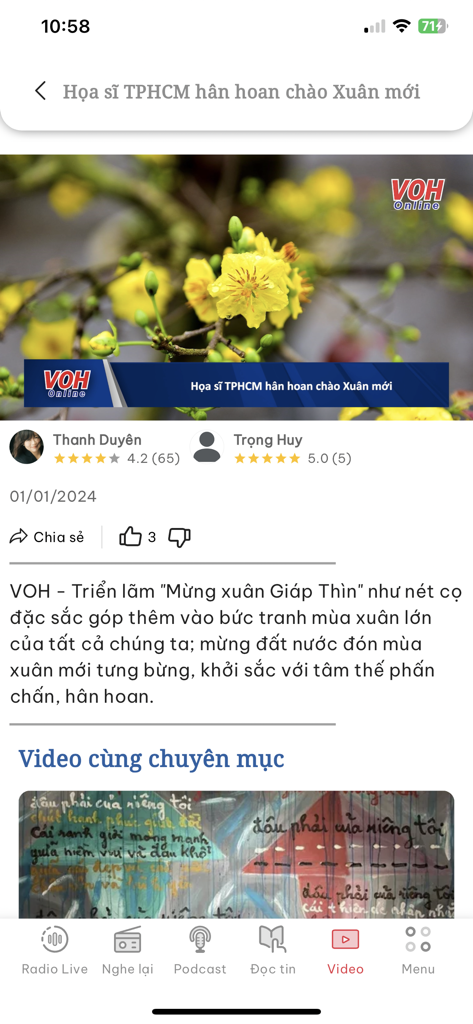 VOH Radio Online - Interface of the VOH Radio Online app showing a cultural news video about Ho Chi Minh City artists celebrating the Lunar New Year
