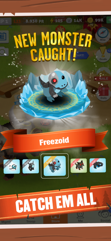 A Battle Camp game screen celebrating a newly caught monster named Freezoid with a catch em all banner.