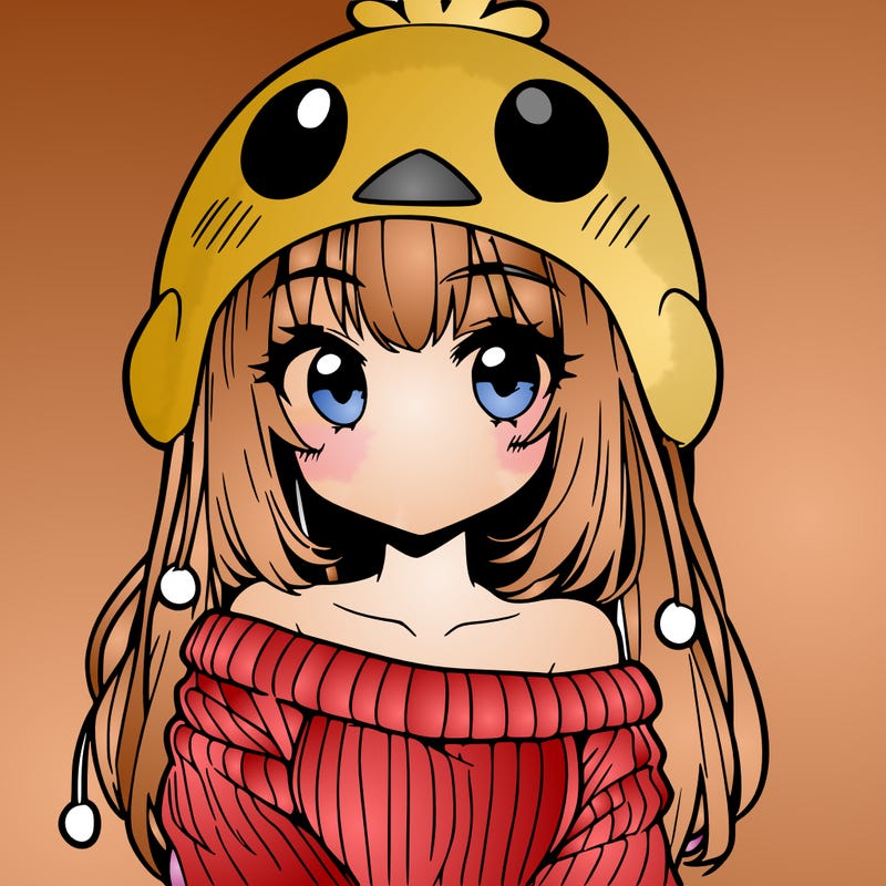 anime girl with chick shaped hat with sweater with bare shoulders with bangs covering them one eye with low tail