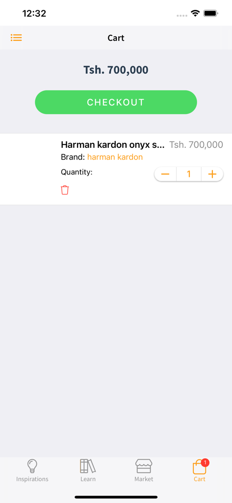 Swahilies - Swahilies app shopping cart screen showing a checkout button and an item priced in Tanzanian Shillings