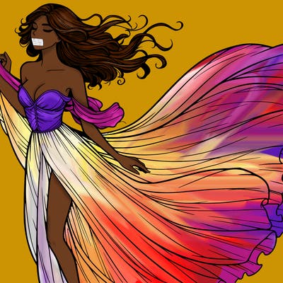 realistic woman in dress flowing the the wind