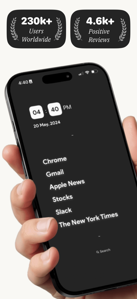 iPhone showing the Minimalist Launcher text-based home screen designed for digital detox and productivity