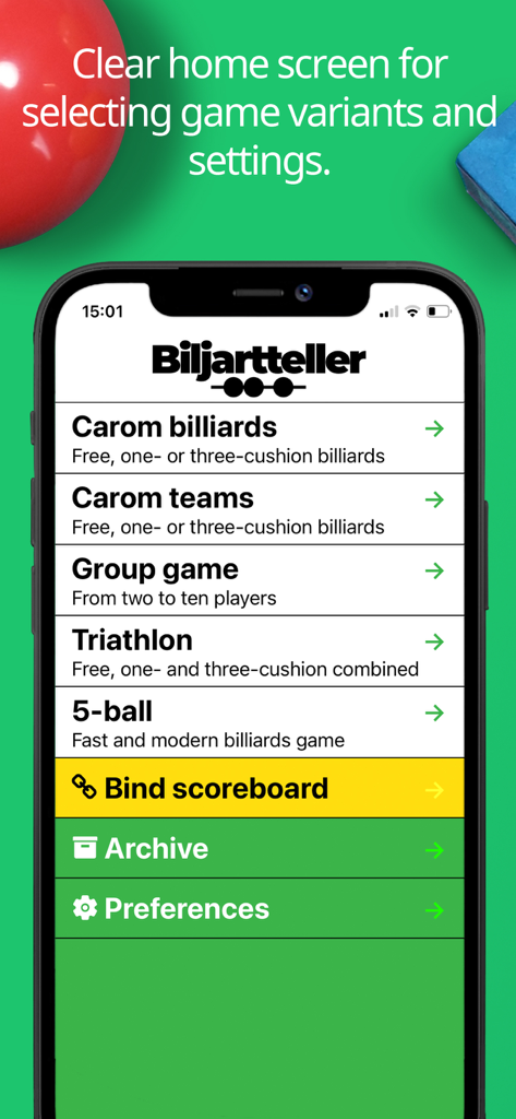 Pantalla de inicio de la aplicación Biljartteller en un iPhone mostrando un menú de variantes de billar carambola y una opción de vincular marcador.