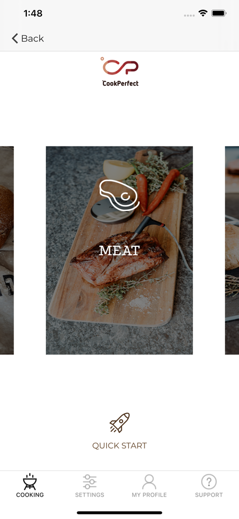 Witt CookPerfectアプリのインターフェース。肉の選択とクイックスタートオプションを表示