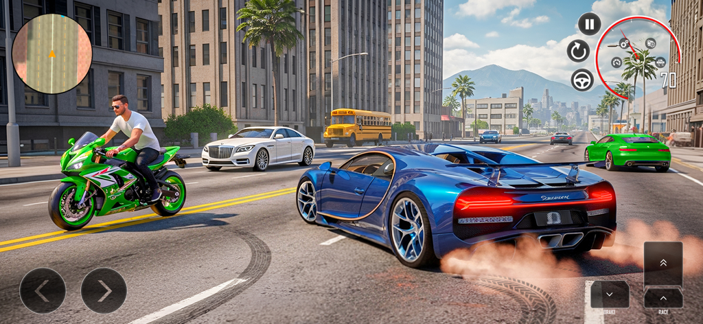 Urban Street Car Driver - A blue sports car drifting on a city street next to a green motorcycle and a school bus