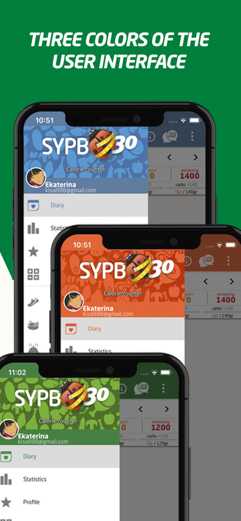 Calorie Counter - SYPB 30 - Tres temas de color diferentes de la interfaz de la aplicación de contador de calorías SYPB 30