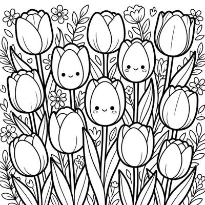 Discover the delight of spring with this charming Kawaii Single Early Tulips coloring page, featuring a vibrant garden scene. Bring these adorable, smiling flowers to life with your favorite colors and create a masterpiece of cuteness.