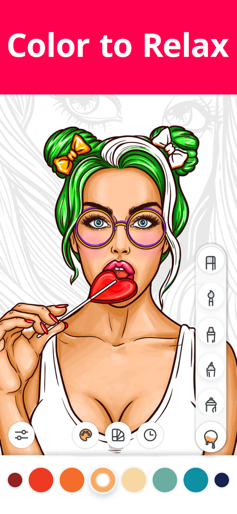 Coloring Book Now - Digital coloring page of a woman with green hair in a pop art style within the Coloring Book Now app interface