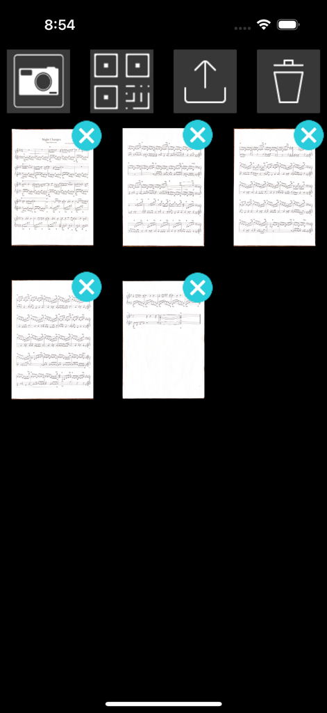 ScanScore Scanner - Gallery of scanned sheet music pages ready for desktop transfer