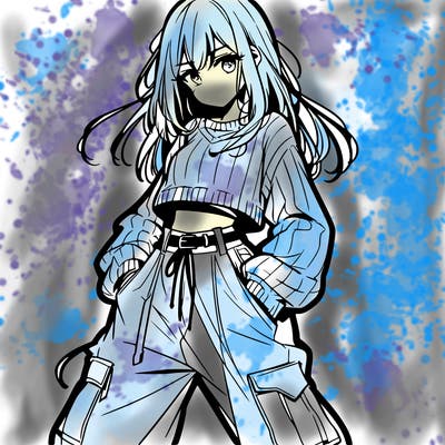anime teen girl with baggy pants and crop top with sweater