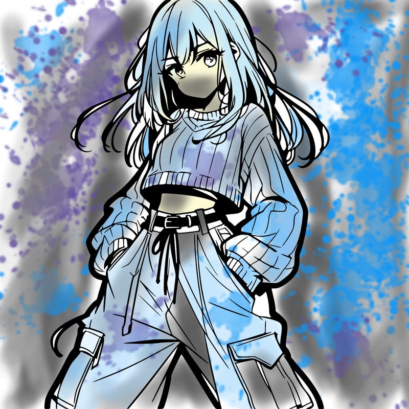 anime teen girl with baggy pants and crop top with sweater
