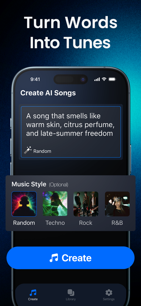 Interface of Shoom AI Music app showing a text prompt for song creation and selectable music styles like Techno, Rock, and R&B.