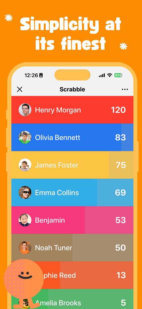 Leaderboard: Scoreboard App - Mobile app interface displaying a colorful leaderboard with names and scores for a Scrabble game