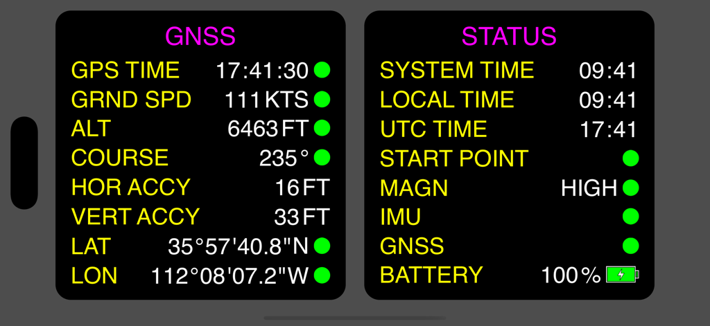 Un panel de Nav Tools que muestra datos de navegación GNSS y el estado del sistema sobre un fondo oscuro