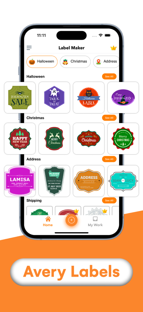 AI Label Maker, Logo Generator - La aplicación AI Label Maker que muestra varias plantillas de etiquetas personalizadas para uso festivo y de envío