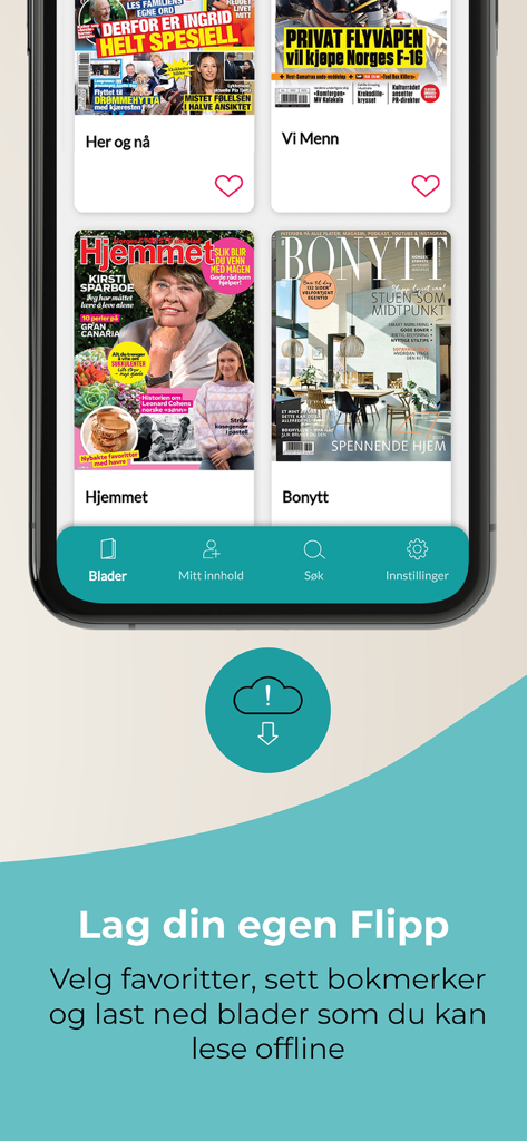 Flipp Norge - さまざまな雑誌の表紙とオフラインでの読書用のクラウドアイコンが表示されたフリップ・ノルウェーアプリのインターフェイスを示すスマートフォン。