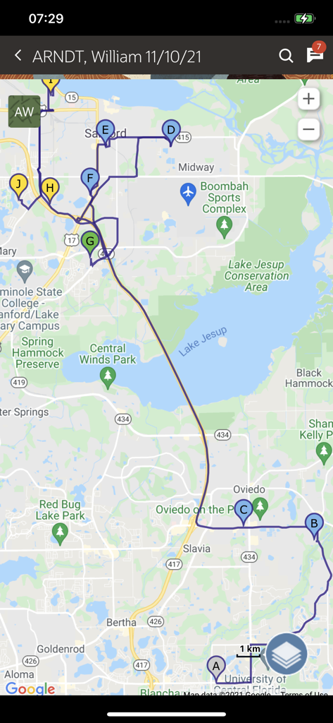 A map interface showing a field technician's optimized daily route and service stop locations