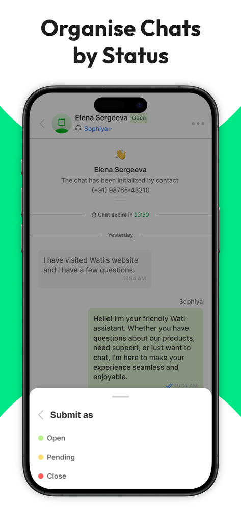 Interface of WATI mobile app showing options to organize WhatsApp chats by status such as Open, Pending, and Close