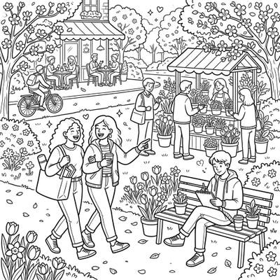Immerse yourself in the vibrant energy of a spring day with this street photography-inspired coloring page. Discover a bustling urban scene filled with blossoming trees, charming cafes, and happy people enjoying the fresh air.